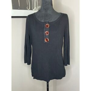 Linda Matthews Pullover Sweater Chunky Buttons Bell‎ 3/4 Sleeve Black Large